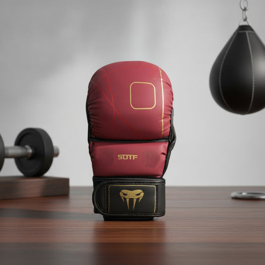 Gants de Boxe MMA Demi-Doigt en Cuir Rouge pour Entraînement Adulte